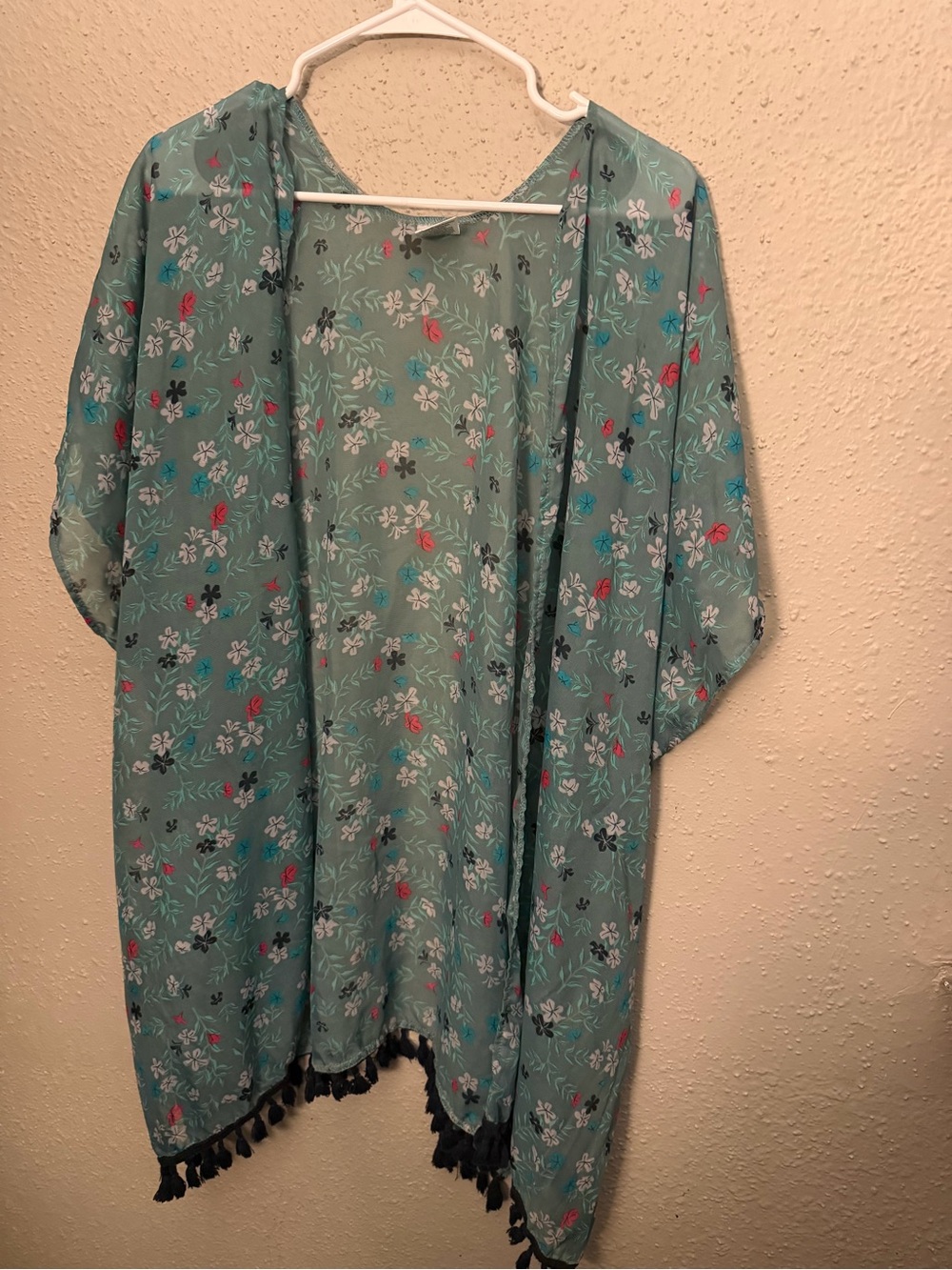Serra Teal Floral Kimono with Black Tassel Hem